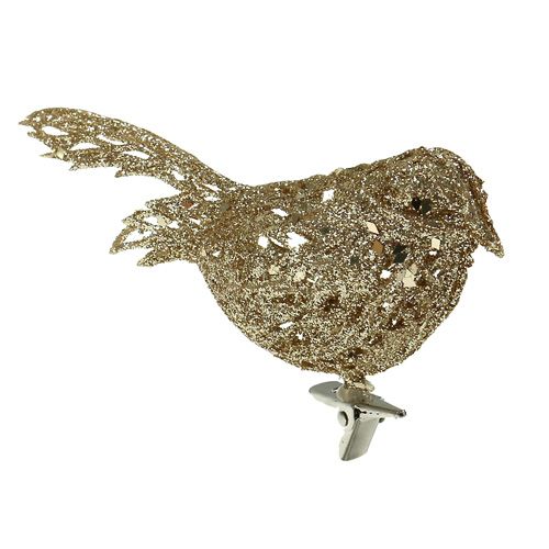 Floristik24 Glitzervogel 8cm gold mit Clip 6St