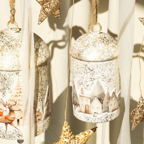Weisse und goldene Metallglocke mit Winterdorf-Motiv 20 cm | Floristik24.ch
