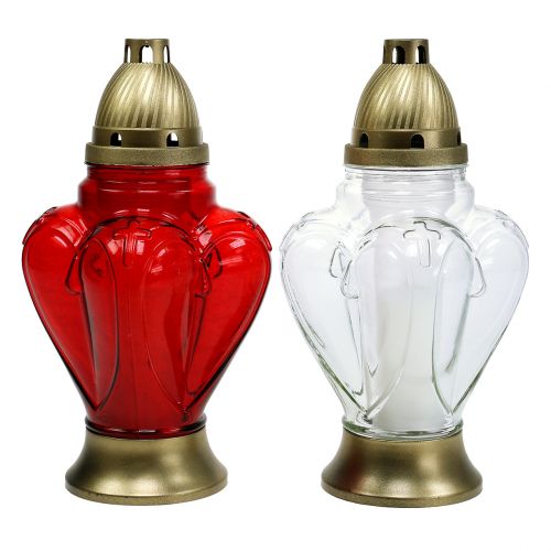 Grablicht Herz 13cm x 13cm H29cm Weiß, Rot 2St