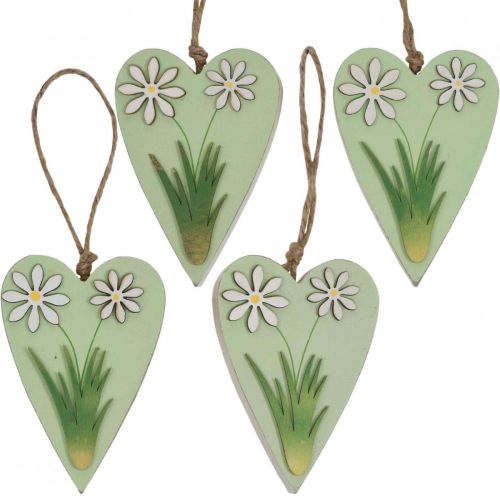 Floristik24 Deko Herzen zum Hängen mit Blumen Holz Grün, Weiß 8,5×12cm 4St