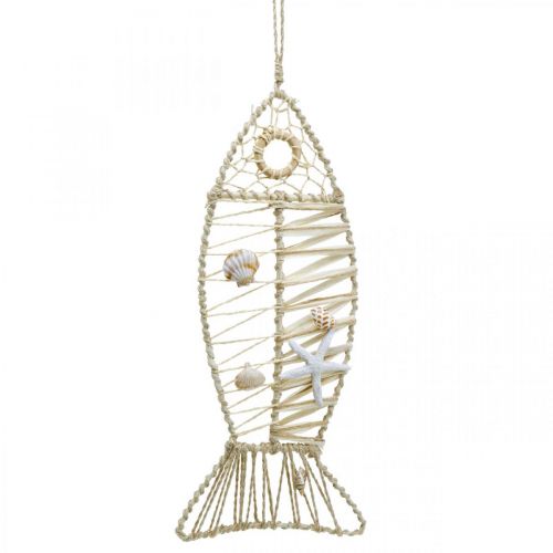 Floristik24 Maritime Fischdeko mit Flechtwerk und Muscheln, Dekohänger Fischform Natur 38cm