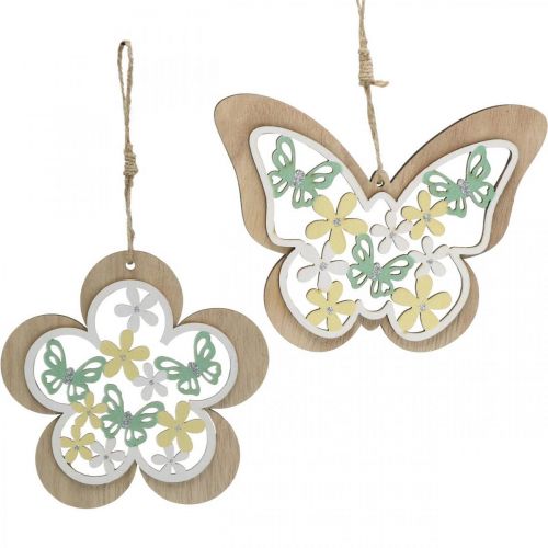 Artikel Schmetterling zum Hängen, Holzanhänger Blume, Frühlingsdeko mit Glitter H11/14,5cm 4St