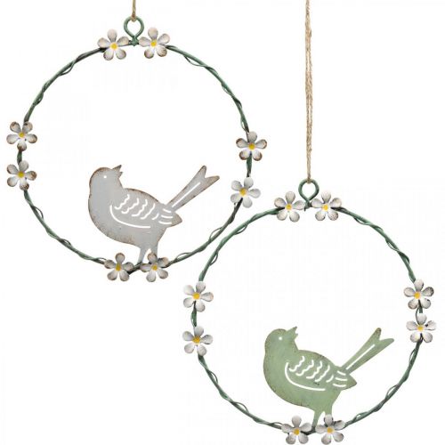 Kranz mit Vogel, Metalldeko zum Hängen, Frühling Weiß / Grün Ø14,5cm 2er-Set