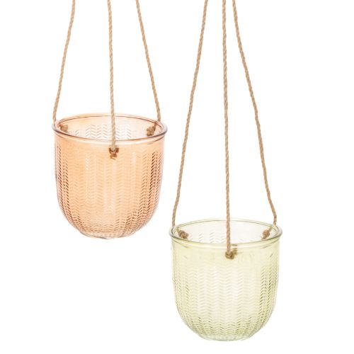 Hängetopf aus Glas mit Relief-Muster und Jutekordel, Ø 14 cm, Braun und Grün, 2 Stück online kaufen | Floristik24.ch