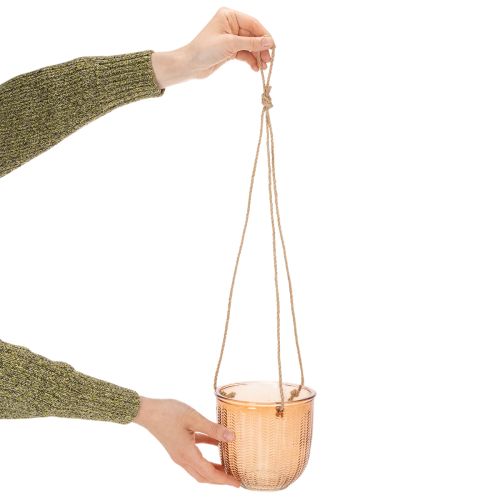 Hängetopf aus Glas mit Relief-Muster und Jutekordel, Ø 14 cm, Braun und Grün, 2 Stück | Floristik24.ch