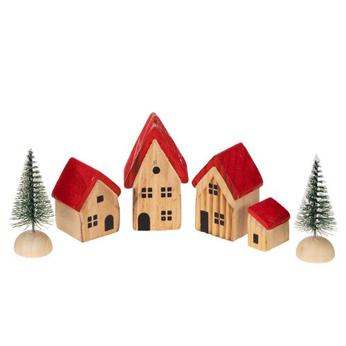 Holz-Dekohaus-Set mit roten Dächern und Tannenbäumen 12 cm 6-teilig online kaufen | Floristik24.ch