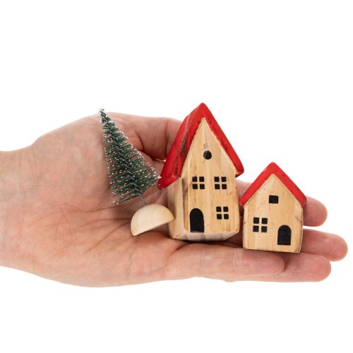 Holz-Dekohaus-Set mit roten Dächern und Tannenbäumen 12 cm 6-teilig | Floristik24.ch