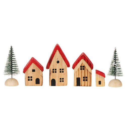 Holz-Dekohaus-Set mit roten Dächern und Tannenbäumen 12 cm 6-teilig | Floristik24.ch