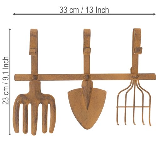 Hakenleiste aus Metall mit Edelrost, 3 Haken, Gartenwerkzeug-Motiv, Länge 33,5 cm | Floristik24.ch