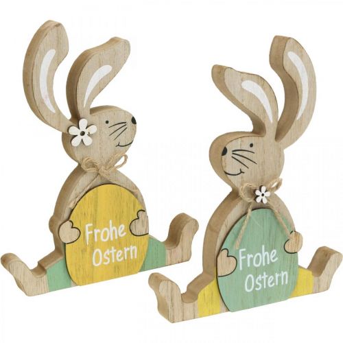 Sitzender Osterhase, Holzdeko, Frohe Ostern, Hase mit Ei H19,5cm 2er-Set