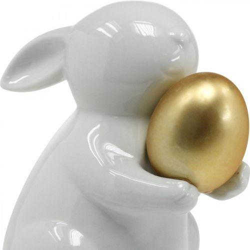 Floristik24 Hase mit Goldei Keramik, Osterdeko elegant Weiß, Golden H15cm