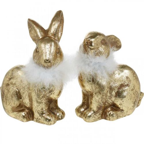 Gold Hase sitzend Goldfarben Terracotta mit Federn H20cm 2St