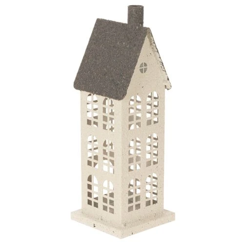Dekohaus aus Metall mit Fenstern und Kamin 28 cm Beige-Grau für Innen