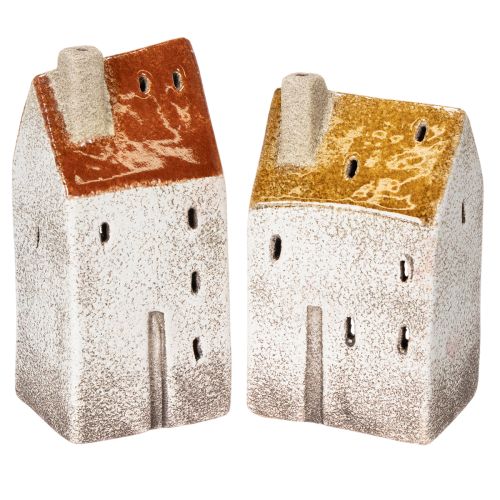 Keramik-Teelichthäuser 2er-Set mit Schornstein 13cm Handbemalt für Herbst- und Winterdekoration