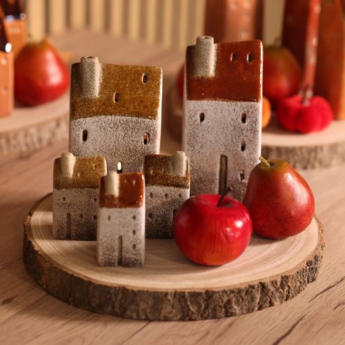 Artikel Keramik-Teelichthäuser 2er-Set mit Schornstein 13cm Handbemalt für Herbst- und Winterdekoration