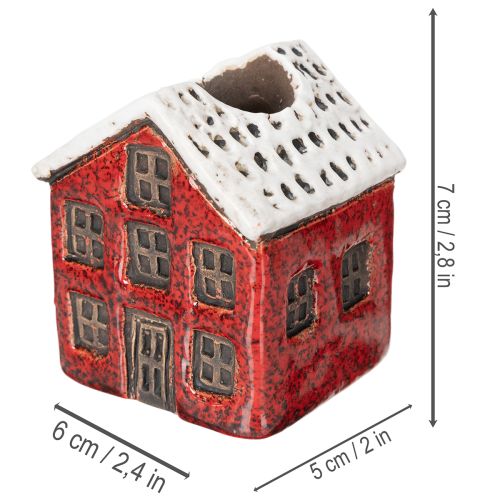 Kerzenständer aus Keramik im 2er-Set, Hausform, 7 cm, Rot und Beige mit Schnee | Floristik24.ch