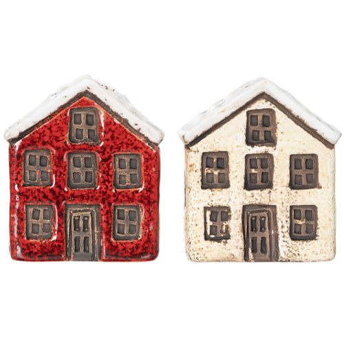 Kerzenständer aus Keramik im 2er-Set, Hausform, 7 cm, Rot und Beige mit Schnee | Floristik24.ch