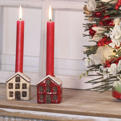 Kerzenständer aus Keramik im 2er-Set, Hausform, 7 cm, Rot und Beige mit Schnee | Floristik24.ch