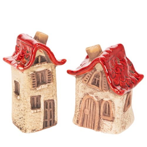 Keramikhaus Set 2 Stück, rot-beige, 7-8 cm, Dekoration