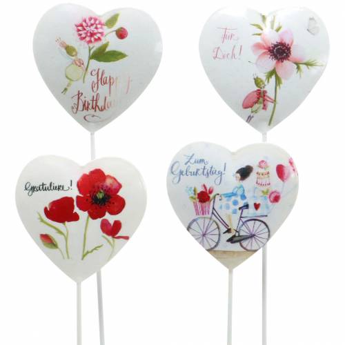 Floristik24 Herz am Stab mit Motiv Geburtstag Weiß Sortiert Metall 5cm 12St