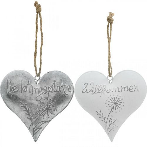 Floristik24 Metallherzen, Hänger mit Pusteblumen, Lieblingsplatz, Willkommen Weiß, Silbern H15cm 2er-Set