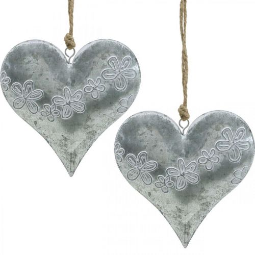 Floristik24 Herzen zum Hängen, Metalldeko mit Prägung, Valentinstag, Frühlingsdeko Silbern, Weiß H13cm 4St