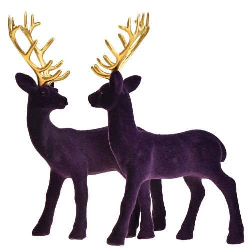 Floristik24 Hirsch Deko Rentier Violett Gold Kalb Beflockt 20cm 2er-Set