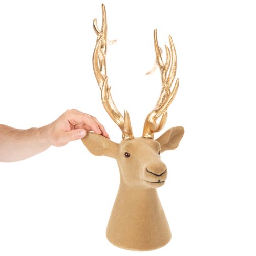 Deko Hirschkopf aus Kunststoff 52 cm mit hellbraunem Kopf und goldenem Geweih für den Innenbereich | Floristik24.ch