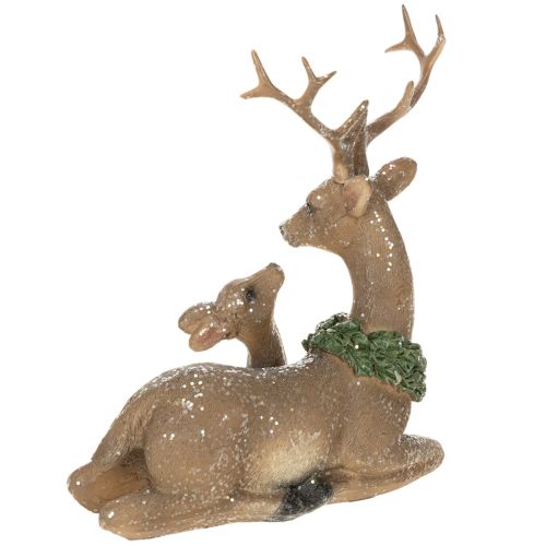 Dekofigur Hirschfamilie mit Schnee 17 cm Kunststoff Braun Weiss Grün für Innenbereich | Floristik24.ch