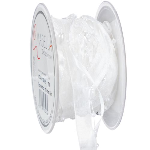 Hochzeitsdeko Organzaband Weiß 10mm x 5m mit Herzen & Perlen