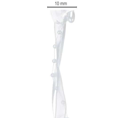 Artikel Hochzeitsdeko Organzaband Weiß 10mm x 5m mit Herzen & Perlen