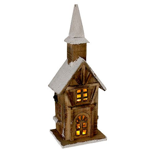 Floristik24 Holz-Kirche mit LED Beleuchtung Natur, Weiß 42cm