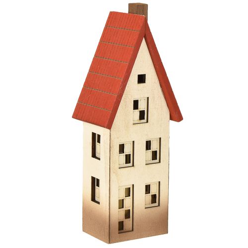 Holzhaus Deko Lichthaus Natur Rot Für Batterie 8,5×6,5×22cm