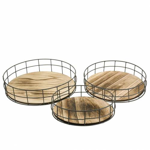 Deko Tablett rund Holz, Metall Natur Ø25/30/35cm 3er-Set