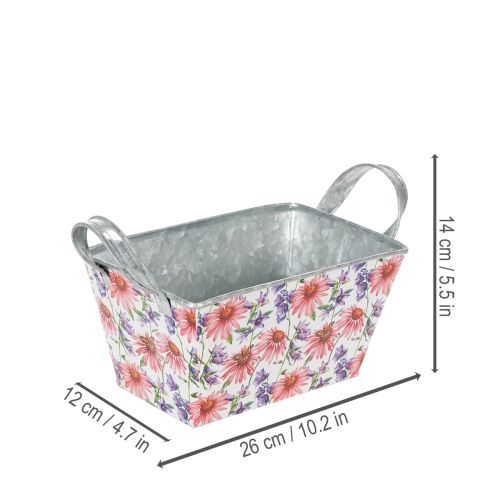 Jardiniere Metall Blumenkasten mit Echinacea-Motiv 20×12,5×10 cm, Weiss-Rosa-Lila | Floristik24.ch