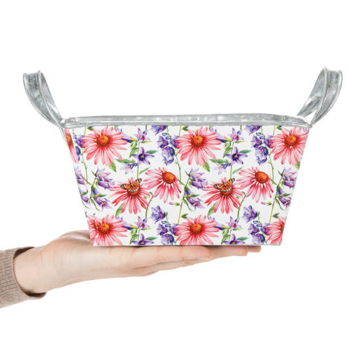 Jardiniere Metall Blumenkasten mit Echinacea-Motiv 20×12,5×10 cm, Weiss-Rosa-Lila | Floristik24.ch