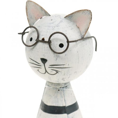Floristik24 Katze mit Brille, Dekofigur zum Stellen, Katzenfigur Metall Schwarz-Weiß H16cm Ø7cm