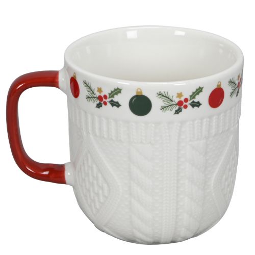 Floristik24 Keramik Weihnachtstasse mit Strickmuster und festlichem Dekor 9cm - Rot-Weiß 2St