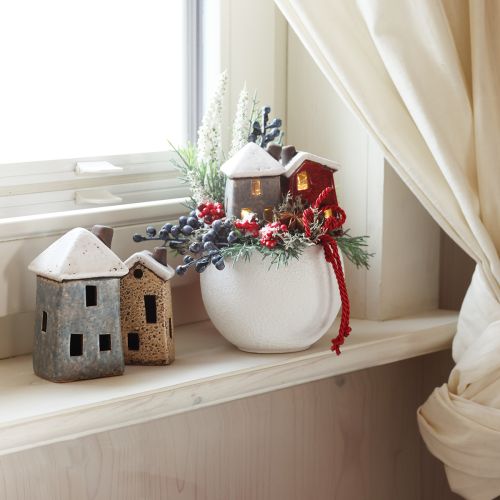 Floristik24 Keramikhäuschen Adventsdeko Creme Rot Grau 8,5/9,5cm 3 St