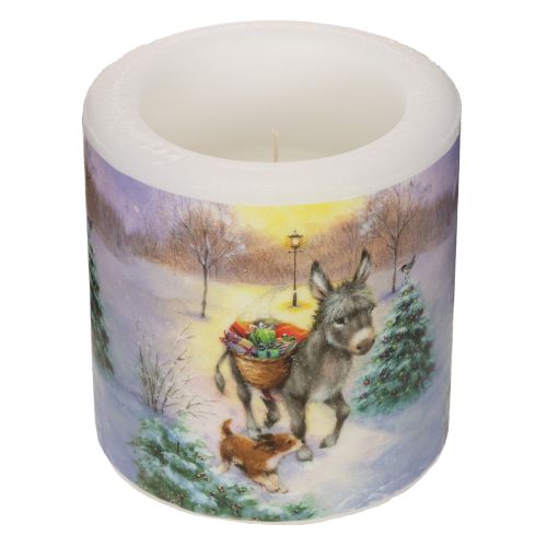Stumpenkerze aus Wachs 10 cm Winterlandschaft mit Esel und Hund