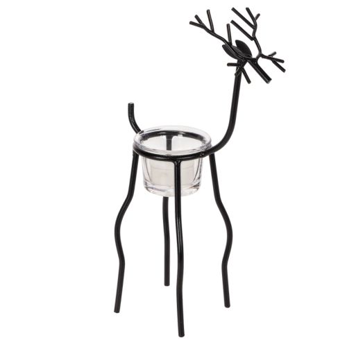 Kerzenhalter Rentier aus schwarzem Metall mit Teelichtglas 28 cm