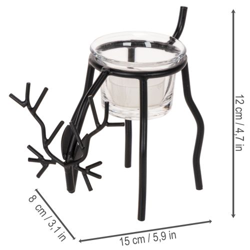 Kerzenhalter Rentier aus Metall mit Teelichtglas, 15 cm, Schwarz | Floristik24.ch