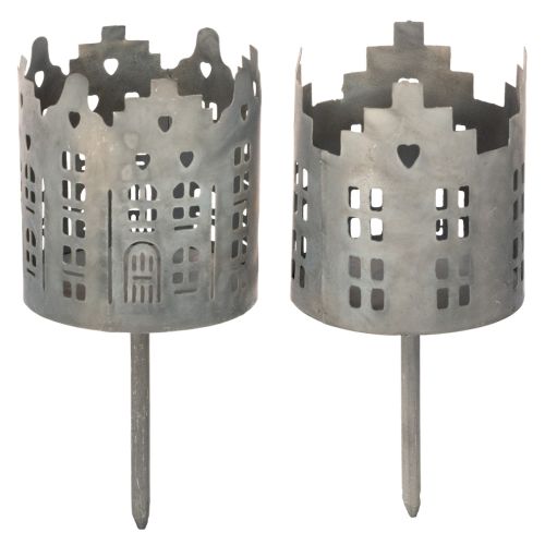 Teelichthalter Mit Dorn Häuser-Design Metall Silberfarben 6cm 2er-Set