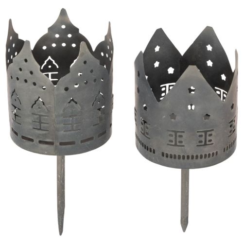 Teelichthalter aus Metall mit Steckdorn und Häuser-Motiv 6cm Dunkelgrau 2er-Set | Floristik24.ch