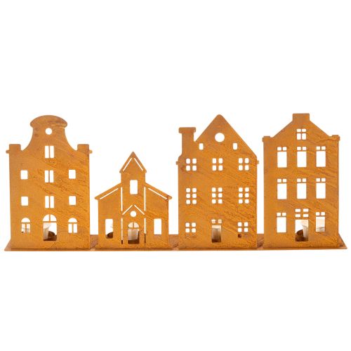 Kerzenhalter aus Metall in Rostoptik, Häuser- und Kirchenmotiv, 52×12cm für Advents- und Weihnachtsdekoration | Floristik24.ch