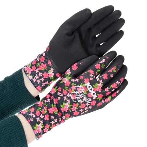 Artikel Kixx Gartenhandschuhe Schwarz Rosa Blüten Größe 8