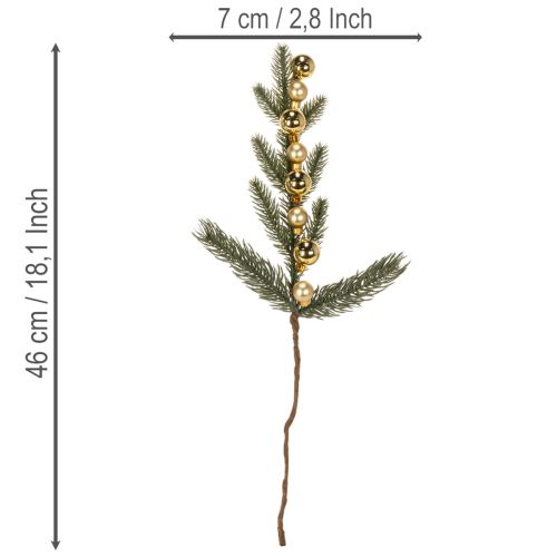 Künstlicher Tannenzweig mit goldfarbenen Mini-Christbaumkugeln, 46 cm, 2 Stück | Floristik24.ch