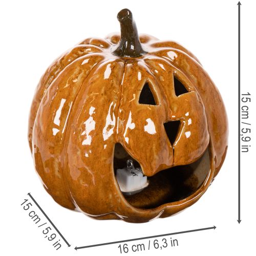 Keramik Kürbis 15 cm, orange, mit LED-Beleuchtung für Halloween | Floristik24.ch