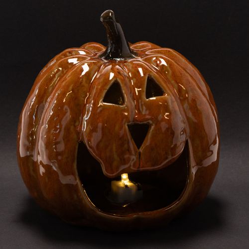 Keramik Kürbis 15 cm, orange, mit LED-Beleuchtung für Halloween | Floristik24.ch