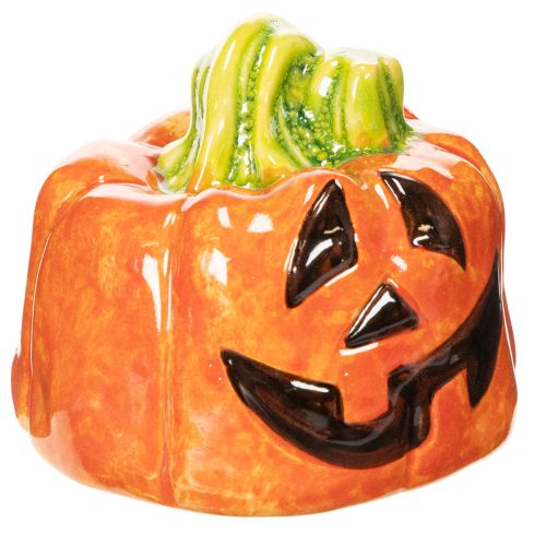 Deko-Kürbis aus Keramik mit Gesicht, 8 cm, Orange-Grün